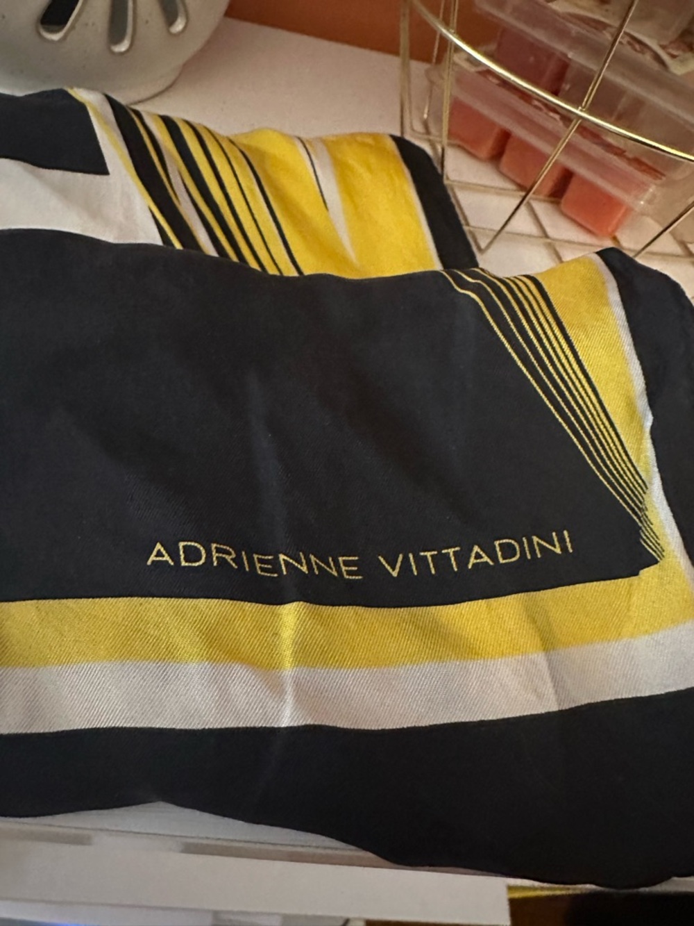 ADRIENNE VITTADINI Black and Yellow Striped Logo Scarf